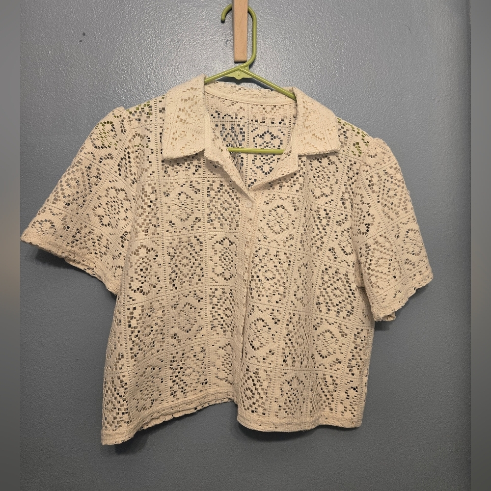 Cropped Crochet Button-Front Short Sleeve Top